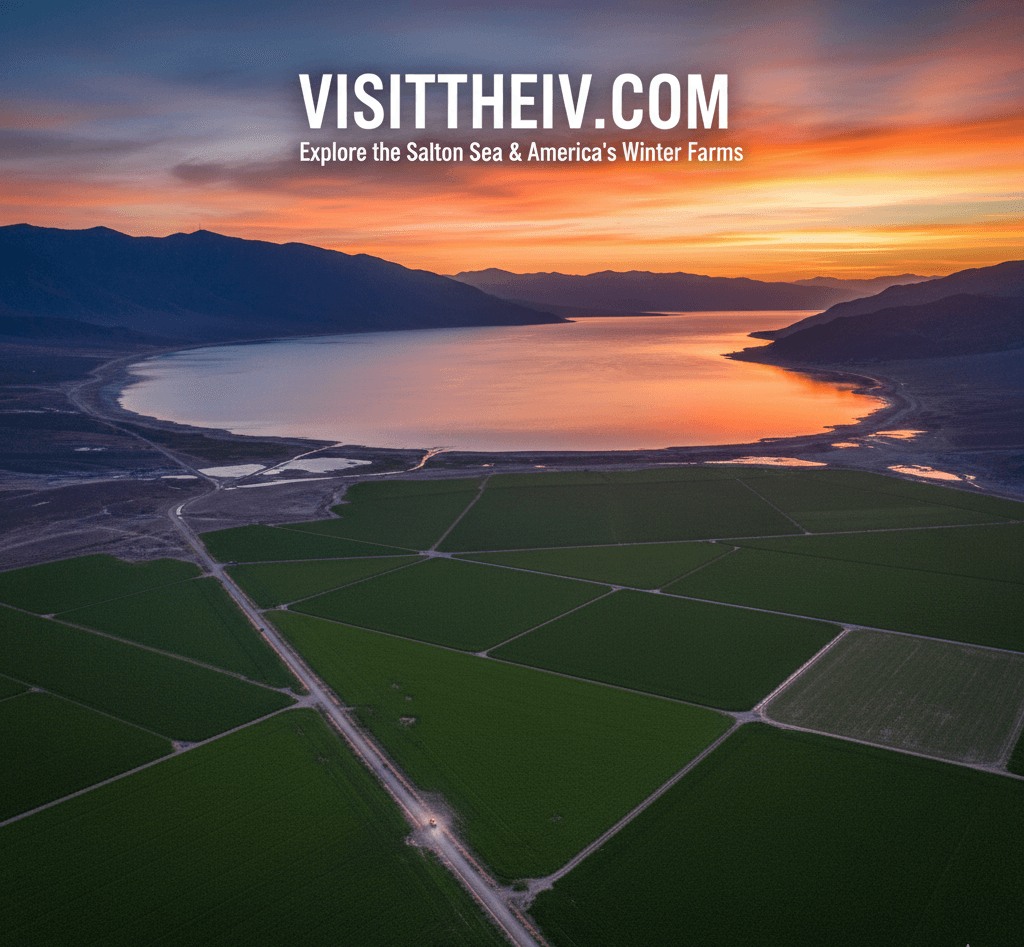 Imperial Valley aerial view of Salton Sea and agricultural fields at sunset